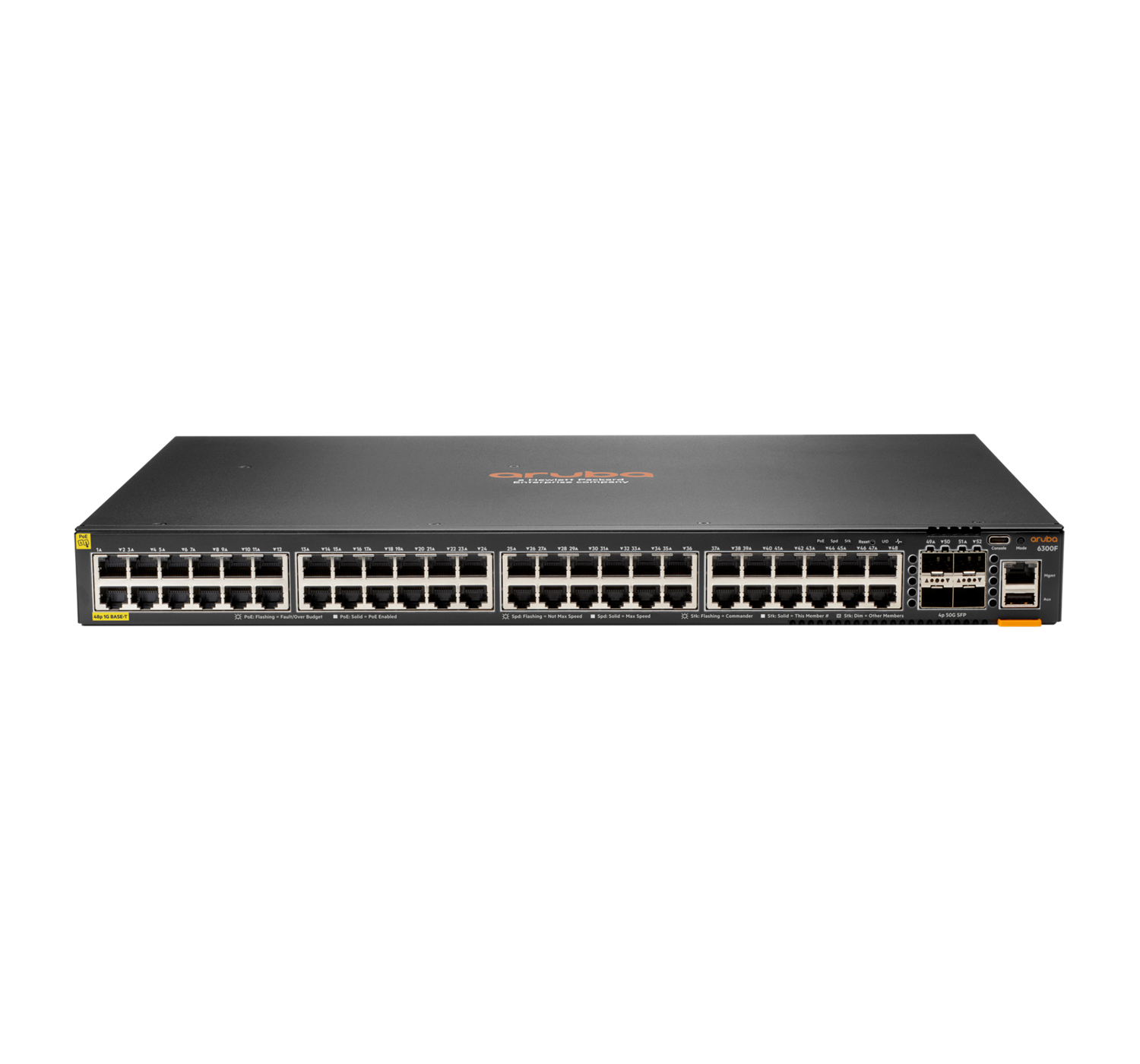 Aruba 6300F 48-port 1GbE Class 4 PoE & 4-port SFP56 Géré L3 Gigabit Ethernet (10/100/1000) Connexion Ethernet, supportant l'alimentation via ce port (PoE) 1U Gris