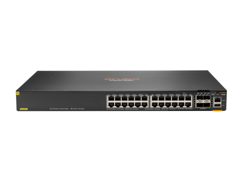 Aruba 6300F 24-port 1GbE Class 4 PoE & 4-port SFP56 Géré L3 Gigabit Ethernet (10/100/1000) Connexion Ethernet, supportant l'alimentation via ce port (PoE) 1U Gris