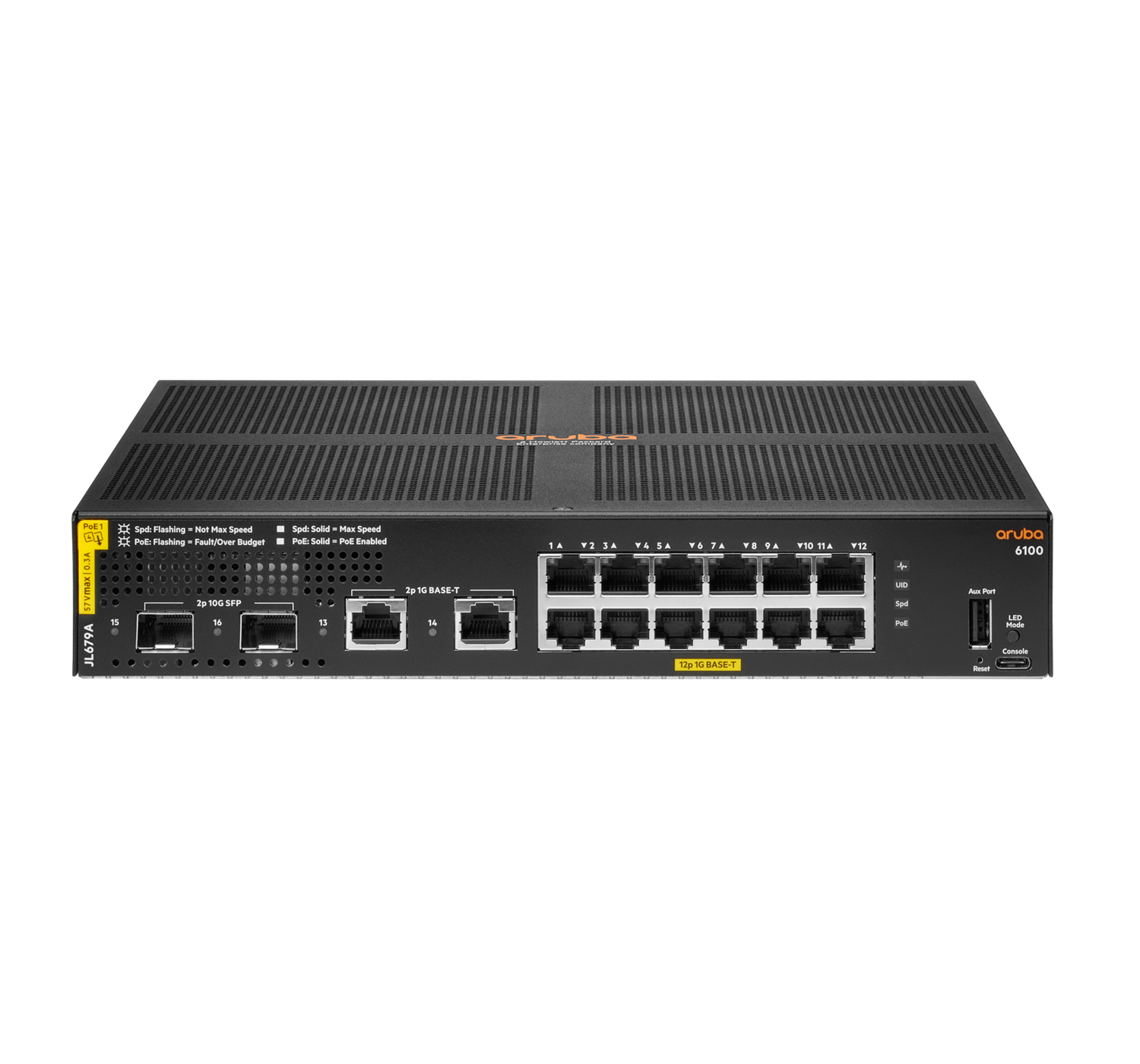 Aruba 6100 12G Class4 PoE 2G/2SFP+ 139W Géré L3 Gigabit Ethernet (10/100/1000) Connexion Ethernet, supportant l'alimentation via ce port (PoE) 1U Noir